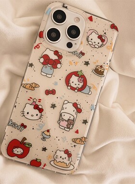 ins泼墨卡通涂鸦KT猫适用苹果16promax手机壳15/14新款13女款12简约11pro可爱X/XR挂件7/8plus网红6plus白色