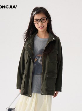 女童军绿色工装外套2026春装新款儿童美式复古夹克多口袋洋气上衣