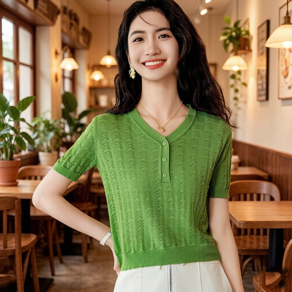 夏季2026新款洋气冰丝短袖t恤女v领短款上衣薄款镂空设计感针织衫