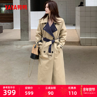 鸭鸭过膝长款风衣羽绒服2025冬新品显瘦蝴蝶结系带保暖收腰外套J