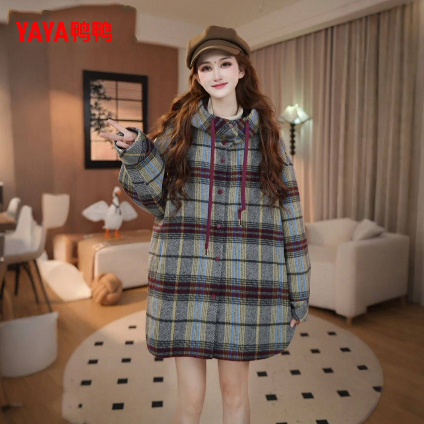 鸭鸭90绒中长款羽绒服