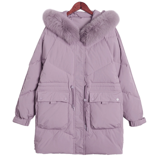 鸭鸭羽绒服2025年中老年女款妈妈装中长款狐狸毛领宽松冬季装外套