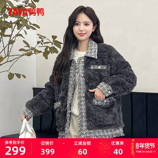 鸭鸭羽绒服女2025年冬季新款短款加厚时尚衬衫领羊羔毛拼接外套Z