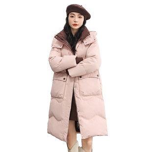 鸭鸭羽绒服女2025秋冬新款反季中长款连帽纯色韩版休闲加厚外套C