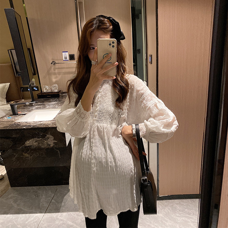 金豆豆孕妇长袖蕾丝衬衫辣妈时尚新款春夏装宽松休闲韩版雪纺上衣