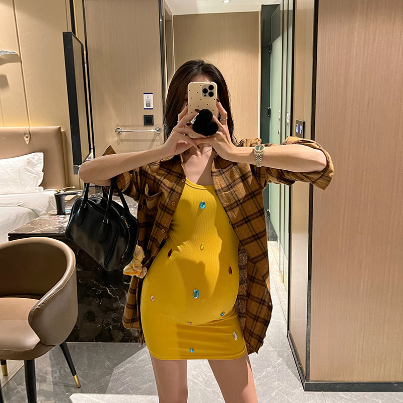 金豆豆春夏新款辣妈孕妇套装时尚款格子衬衫性感修身包臀裙两件套