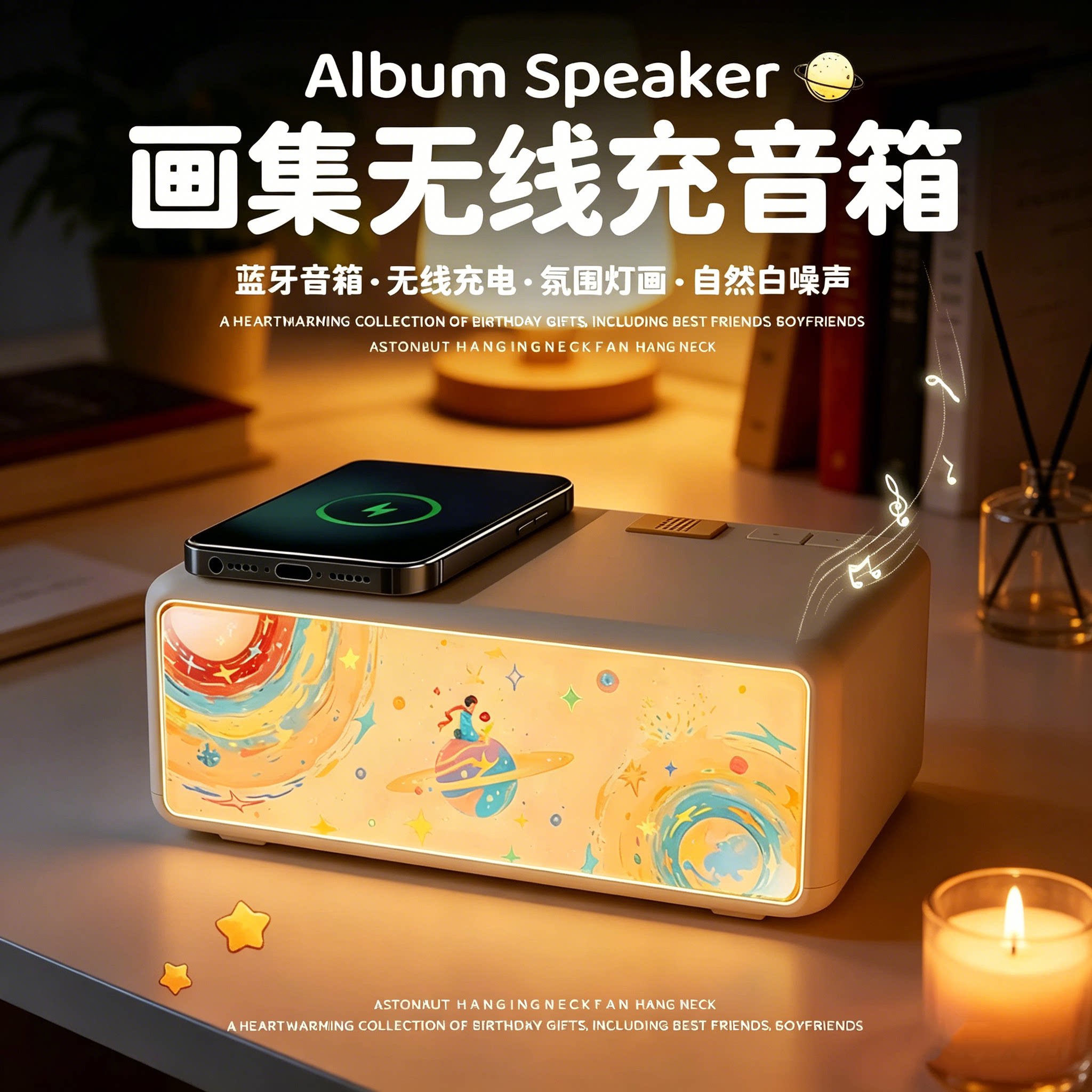 创意画集蓝牙音箱无线充电白噪音生日礼物桌面摆件灯光画氛围夜灯