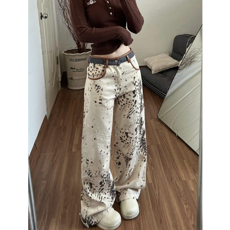 美式拼接豹纹印花阔腿牛仔裤女
