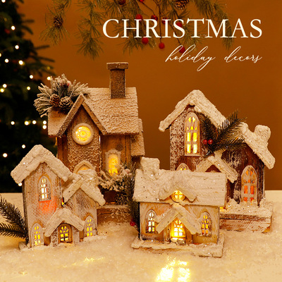 新款圣诞木屋木质发光雪景雪房子小木屋摆件欧式复古原木小雪屋