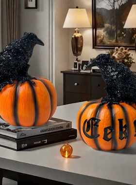 跨境创意乌鸦南瓜雕像摆件节日派对装饰品家居桌面公仔树脂工艺品