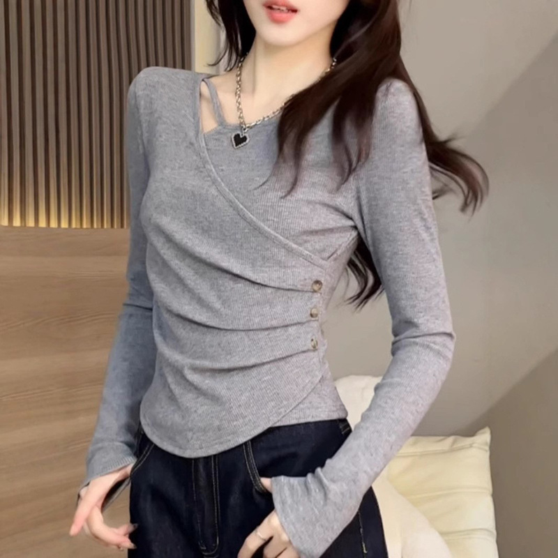 秋季新款时尚装饰扣子上衣女款百搭洋气长袖褶皱气质超好看打底