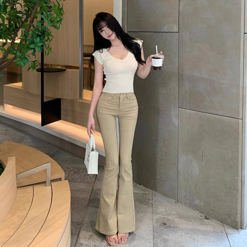 卡其色高腰牛仔裤女2025秋季新款弹力修身显瘦微喇叭纯色百搭