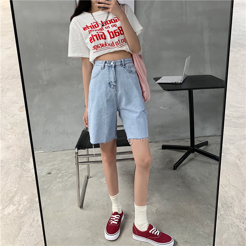 Real shot real price summer high waist with holes, loose and skinny 5-point denim shorts