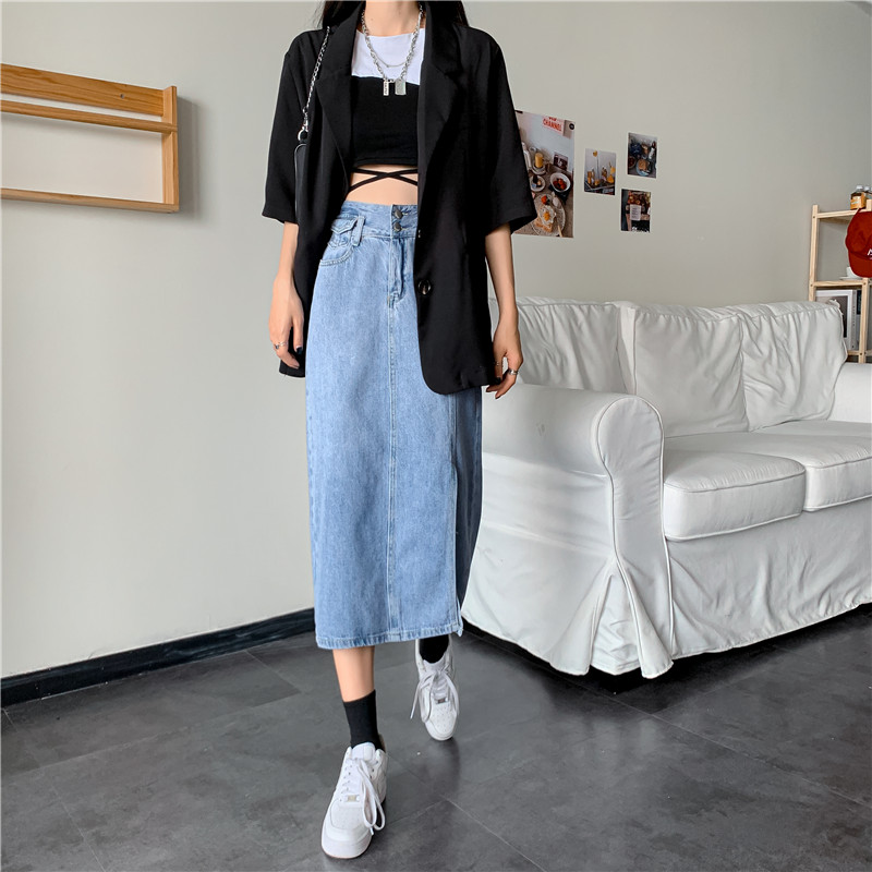 Real shooting real price summer Korean irregular slit denim skirt mid length denim skirt