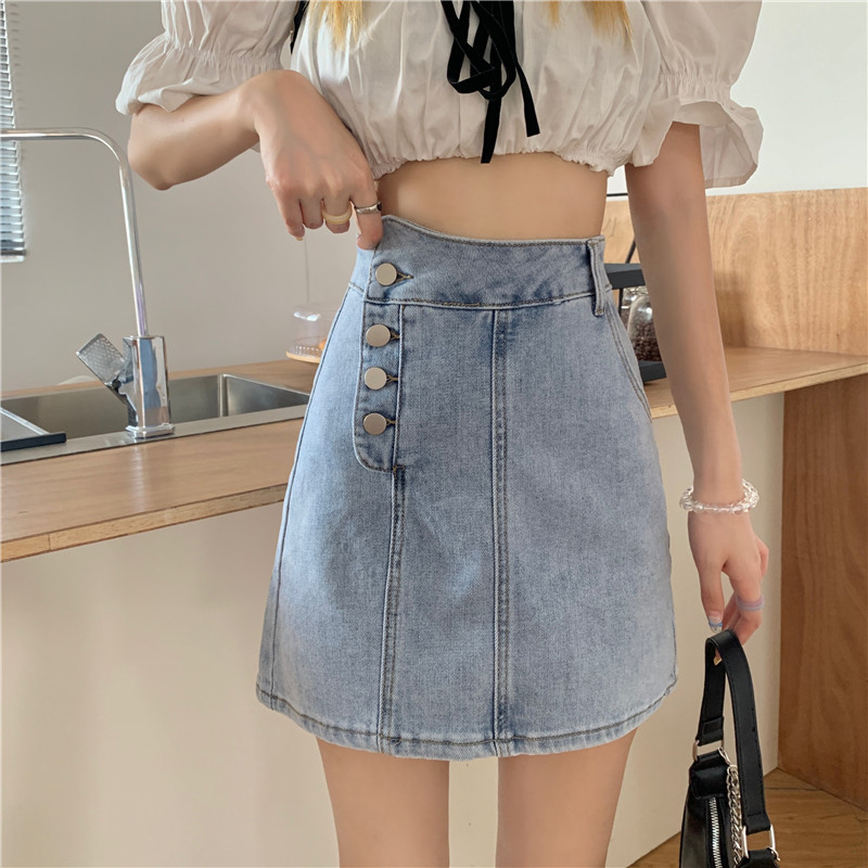 Real shooting real price summer Korean breasted denim skirt with buttocks and irregular denim skirt