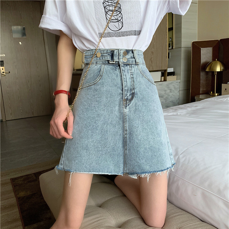 Real shooting real price summer A-line denim skirt with rough hem