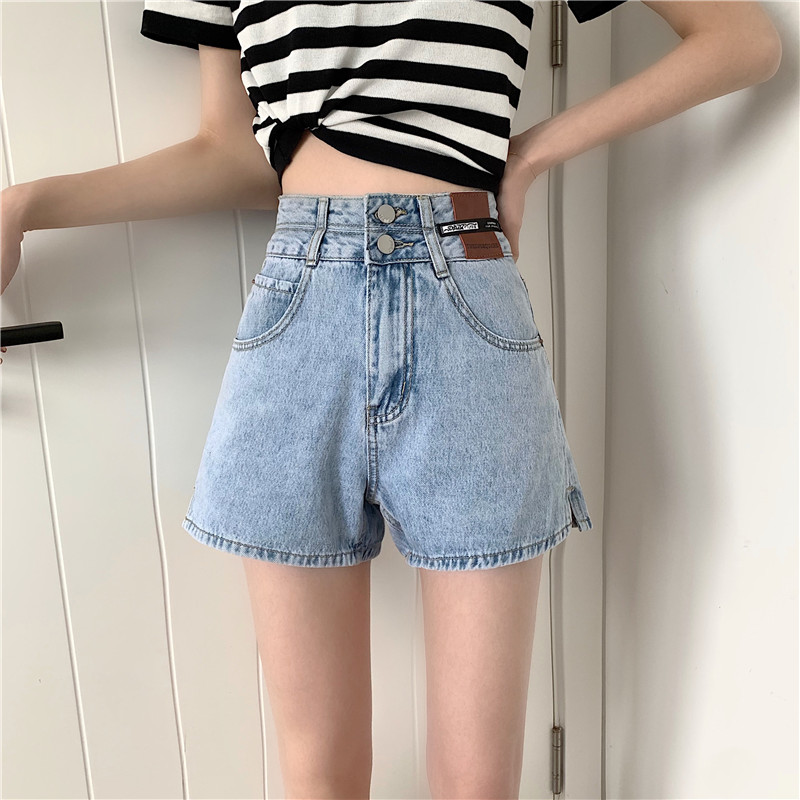 Summer high waist denim slit a-word show thin denim shorts