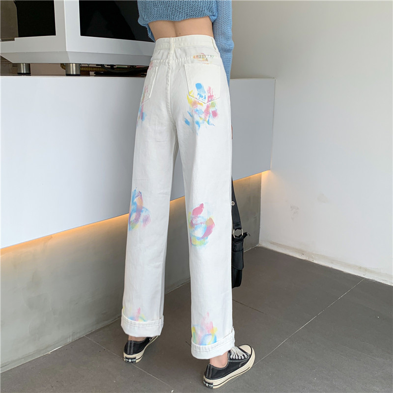 Real price denim high waist loose thin cool versatile tie dye rainbow jeans for women