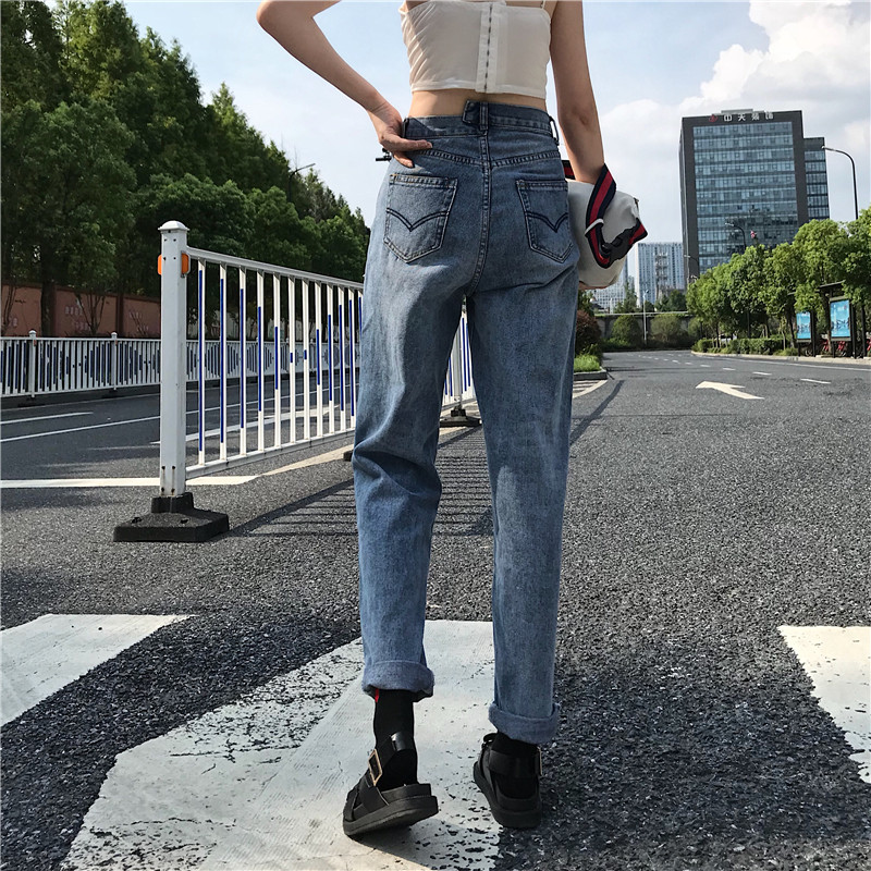 Real price 2021 new irregular high waist embroidery loose straight jeans for women