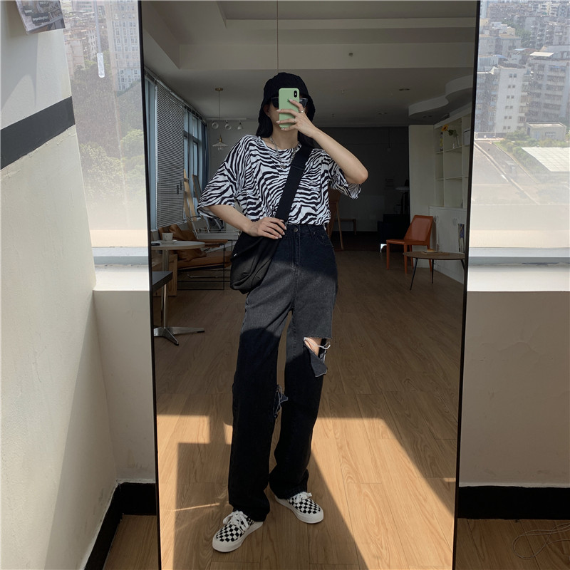 Real shot real price summer loose straight tube show thin front and back hole tide mop floor jeans women