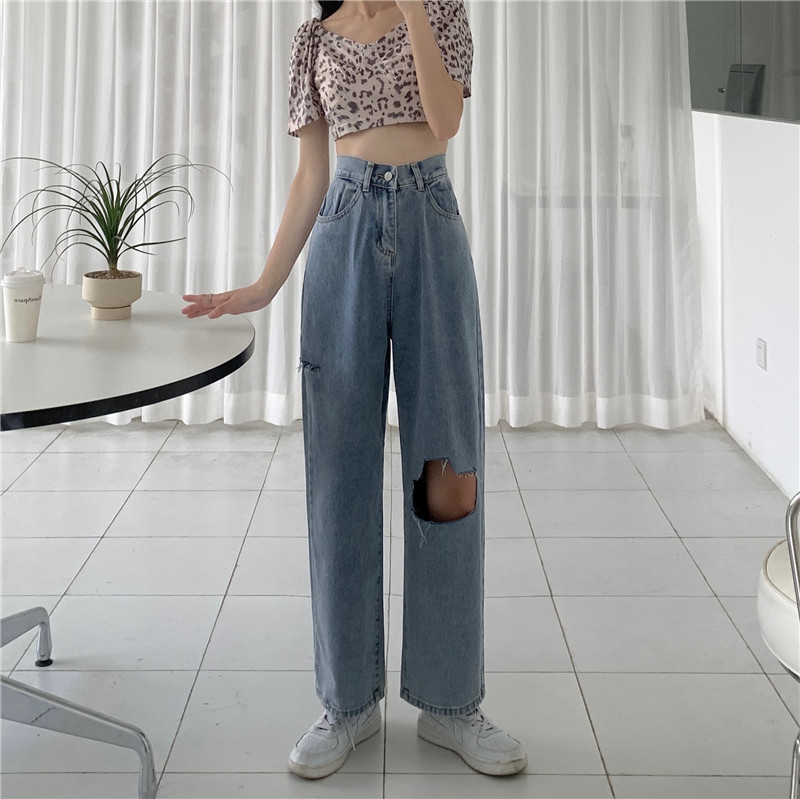 Real shot real price summer hole net red straight tube Korean retro loose and thin jeans