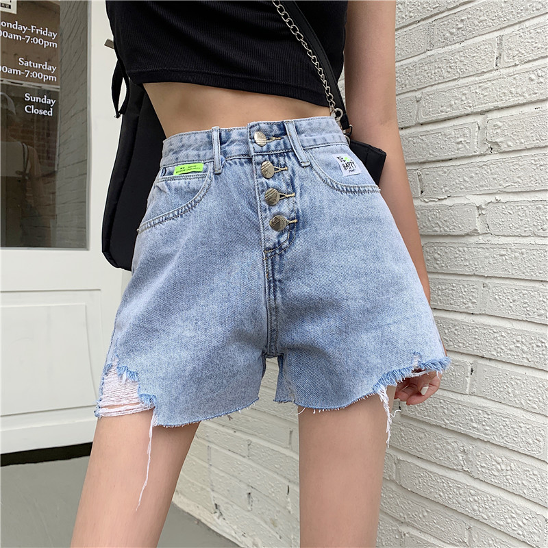 Summer new denim pierced burr breasted shorts super thin hot pants