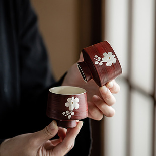 粉引山楂红陶瓷品茗杯子大号个人单杯描银女士功夫主人杯送礼