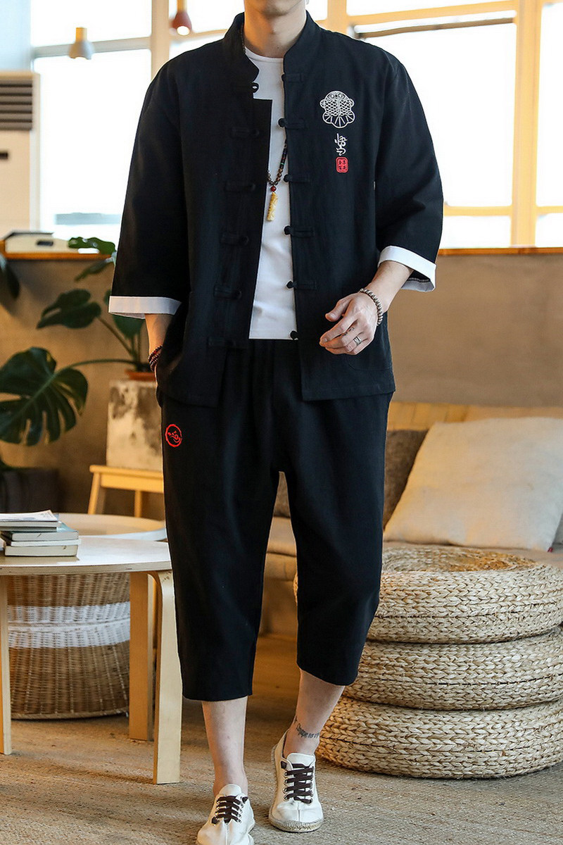 男士七分袖套装七分裤大码棉麻中国风男套装钱塘2026-TZ9006-P80,男装T恤,星座1512