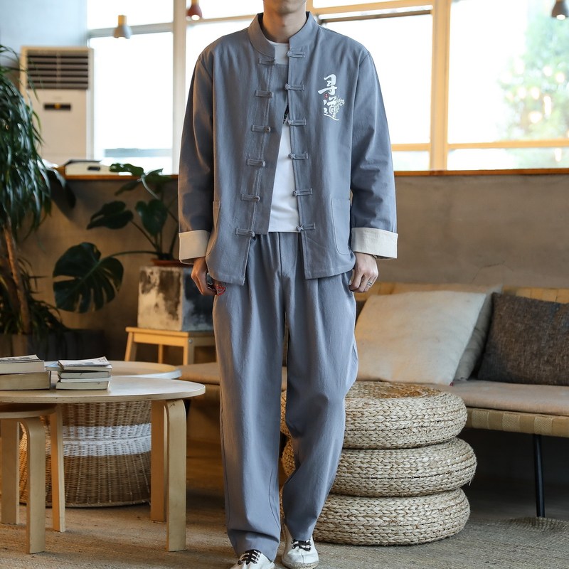 男士长袖长裤套装男套装风棉麻大码春夏 钱塘2026-TZ2005图片
