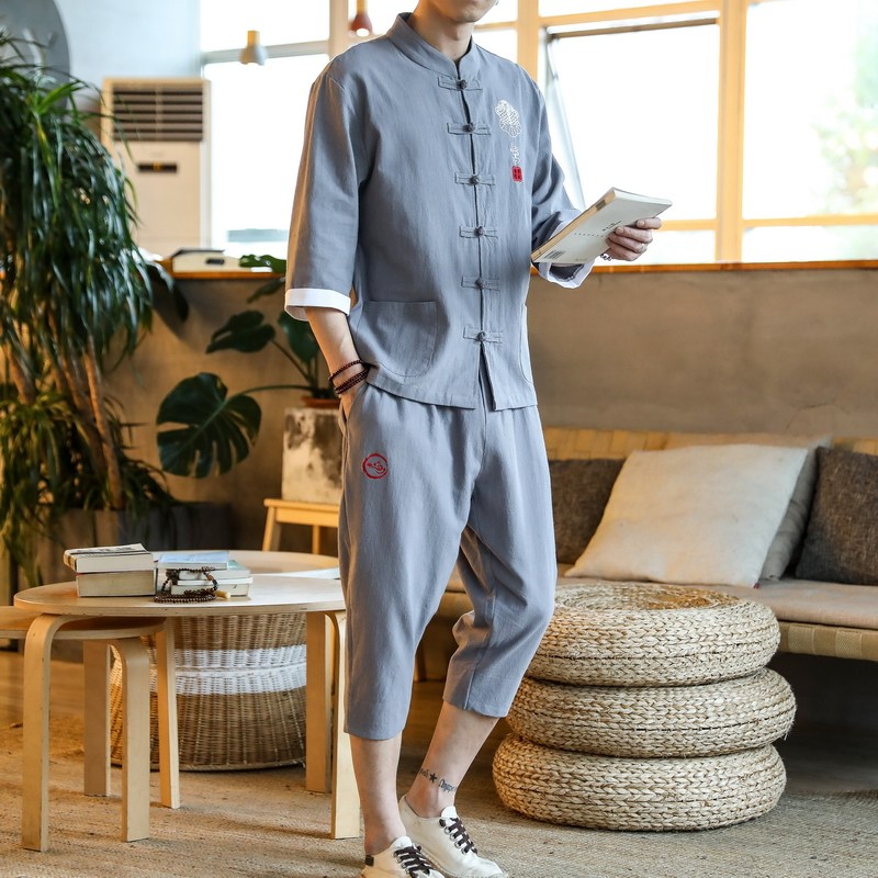 男士七分袖套装七分裤大码棉麻中国风男套装钱塘2026-TZ9006-P80,男装T恤,星座1512