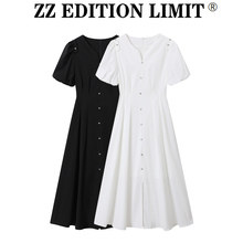 ZZEDITION2024春夏新款优雅精致蝴蝶扣设计泡泡袖显瘦修身连衣裙