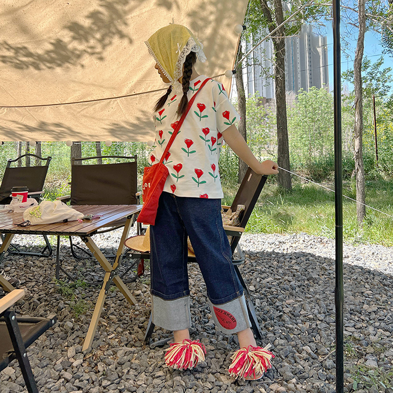 童装女童休闲裤2025夏装新款直筒裤脚翻边牛仔裤长裤儿童夏季薄款