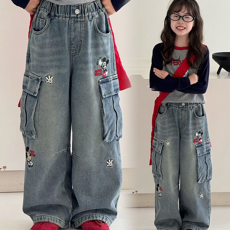 女童米奇刺绣加绒牛仔裤工装裤子