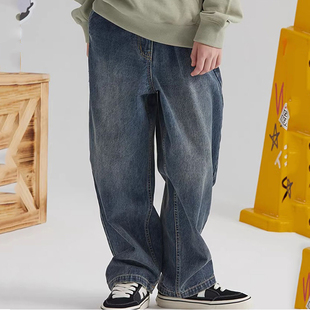 童装男女儿童牛仔长裤直筒阔腿学生复古宽松阔腿水洗做旧棉质街舞