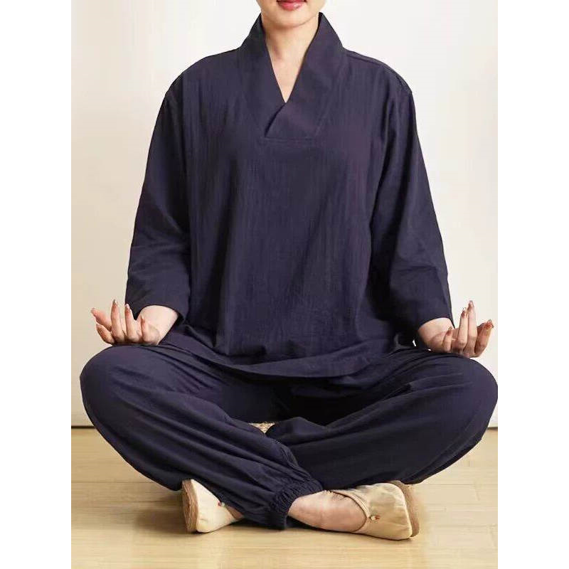 居士服女款夏季V领七分袖棉麻女装寺院师傅服装禅修打坐修行服男