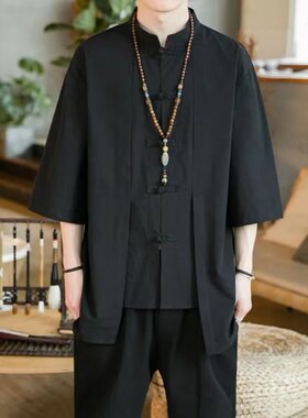 2024夏季国潮假两件汉服唐装休闲复古道士服太极上衣七分袖衬衫男