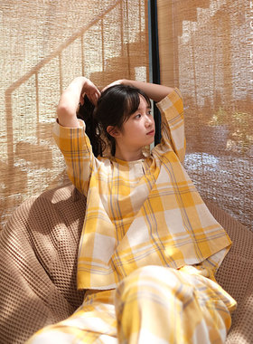 LNParty日系睡衣女春秋季圆领纯棉家居服格子长袖两件套装外穿