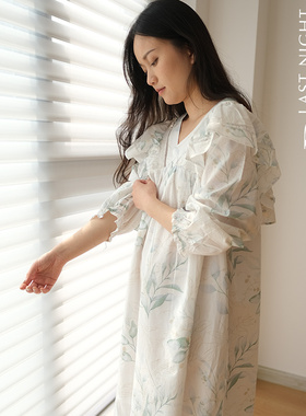 LNParty  春夏日系v领睡衣荷叶边薄款长袖碎花甜美纯棉家居服睡裙