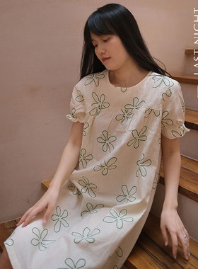 LNParty 日系夏季新款小花印花睡衣泡泡袖少女宽松舒适连衣裙睡裙