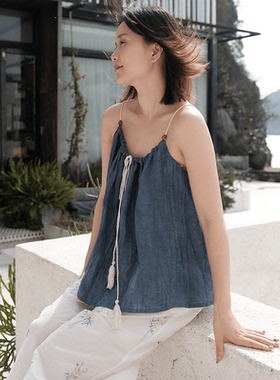 LNParty 亚麻度假风吊带背心可调节上衣夏单穿纯色百搭棉麻打底衫