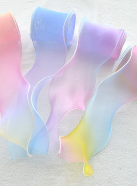 6CM渐变彩虹拷边波浪纱手工自制蝴蝶结发夹材料DIY发饰头饰配件