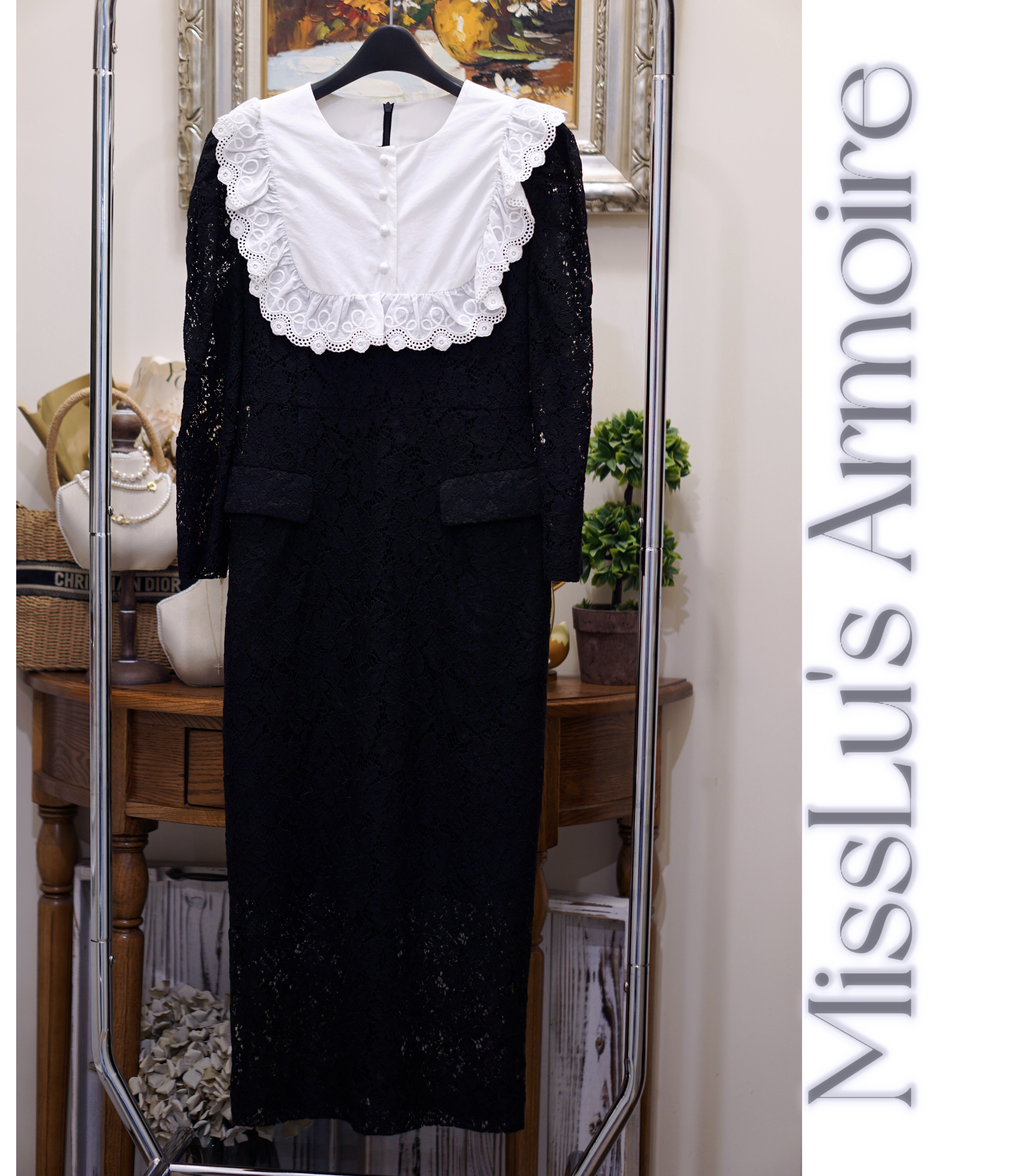 韩代正装名媛高级蕾丝赫本法式优雅黑色连衣裙 不退换