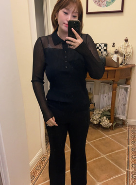 韩系2025秋季新款黑色polo领长袖针织衫女修身显瘦百搭上衣打底衫