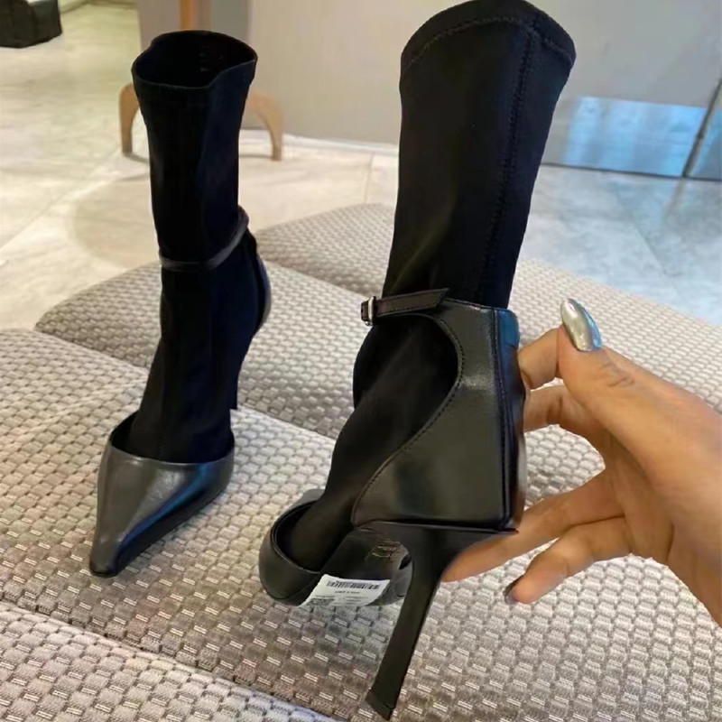 2023 NEW SUPER HIGH HEEL STRETCH BOOTIE PARIS SKINNY LEG BOOTS LEATHER BUCKLE STRAP SKINNY BOOTS STILETTO HEEL SLEEVE FALL WINTER BOOTS