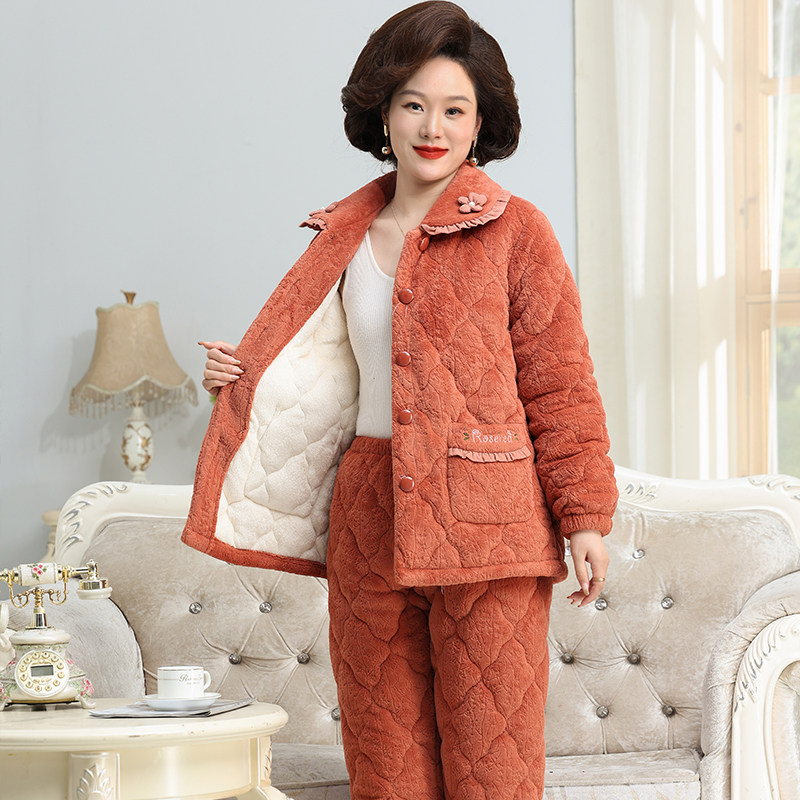 睡衣女冬季珊瑚绒三层夹棉保暖加厚加绒中老年人妈妈家居服秋冬款