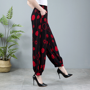 夏季 灯笼裤 宽松大码 妈妈裤 阔腿裤 印花女裤 棉绸高腰外穿长裤 子薄款