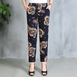 子中年外穿大码 女花裤 棉绸妈妈夏季 九分裤 薄 夏季 中老年休闲裤 新款