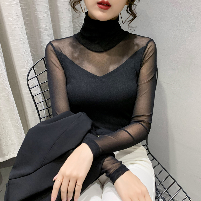 春秋新款网纱打底衫女长袖性感内搭高领修身t恤外穿上衣百搭小衫