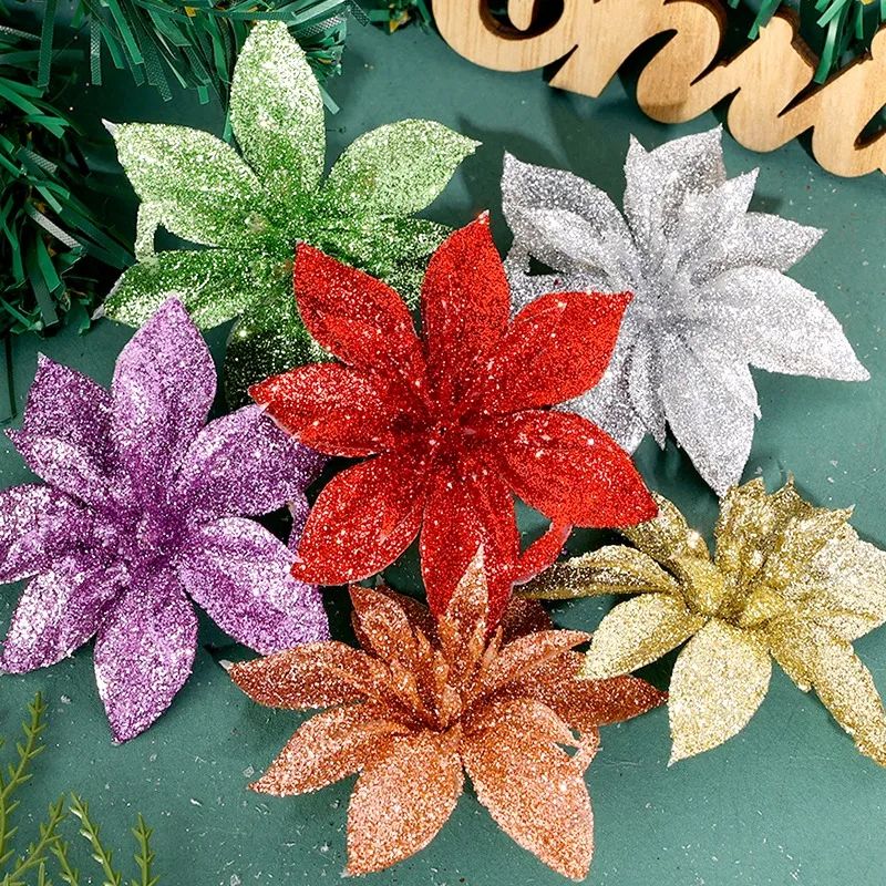 5Pcs Glitter Artificial Christmas Flowers Xmas ree Ornaments