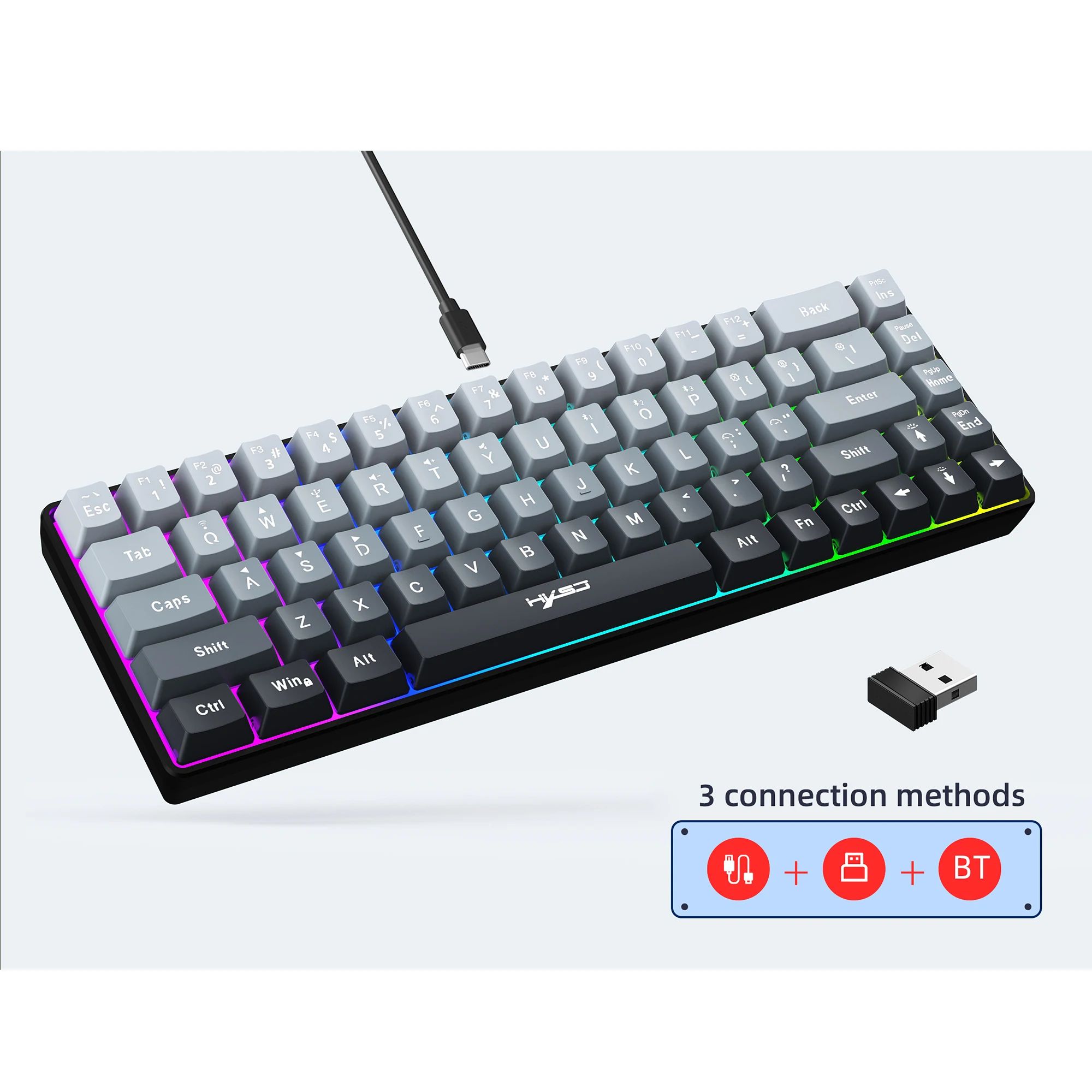 HXSJ-V200 68-key 3-mode Wireless Gaming Keyboard Wired+2.4G+